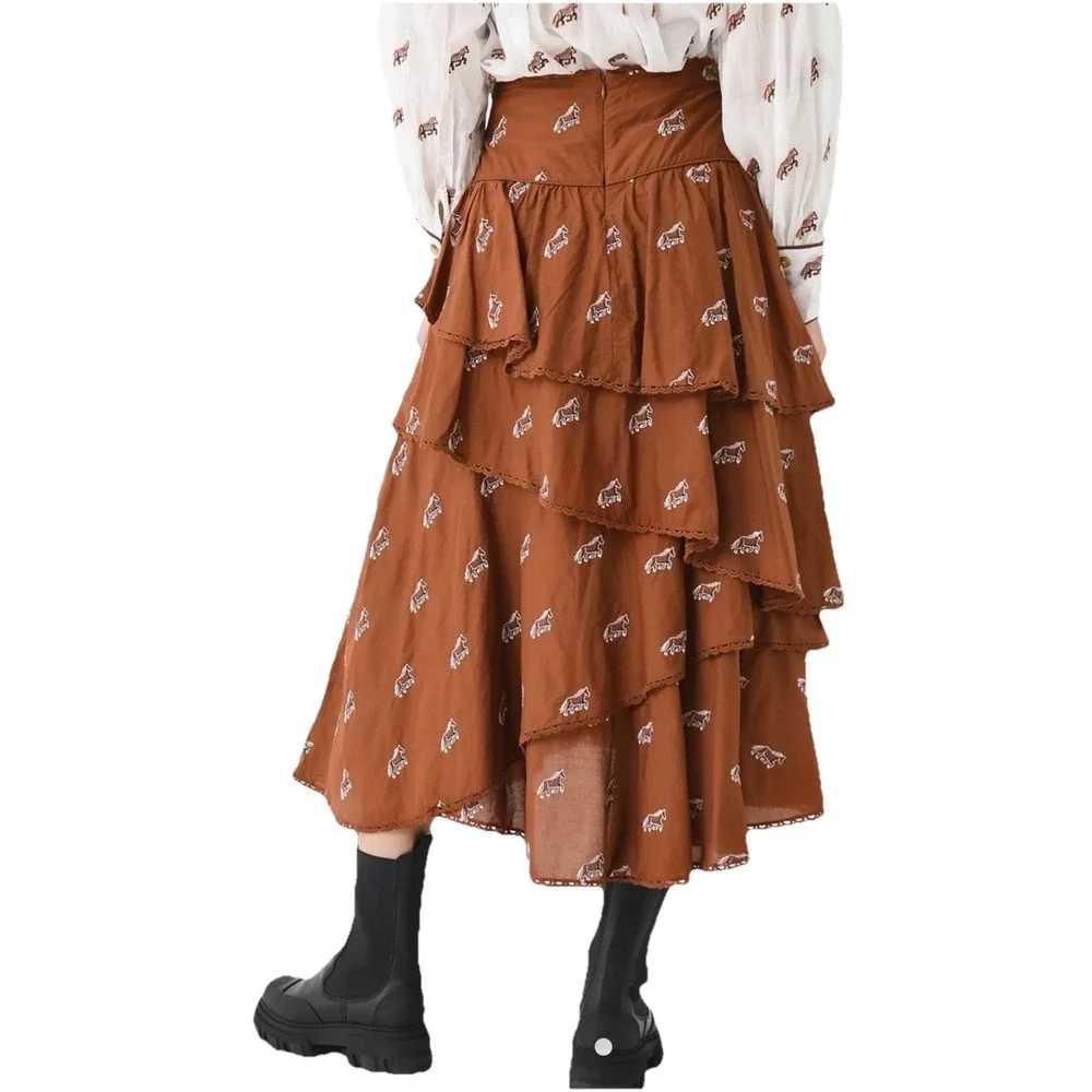 FARM Rio for Anthropologie Maxi skirt Rusty Brown Embroidered Horse Layered XS